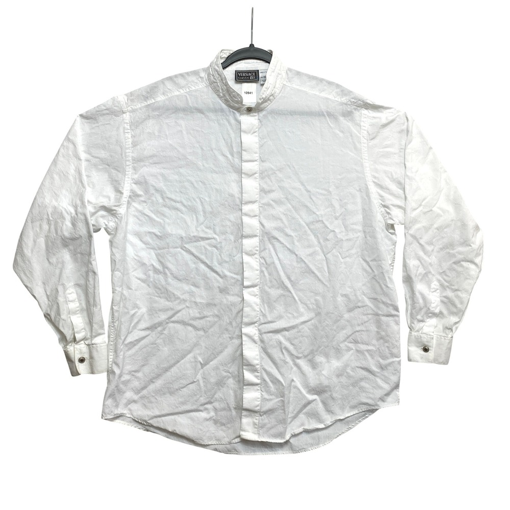 Versace Classic V2 Shirt Mens XXL White Tonal Logo Band Collar Italy Button Up